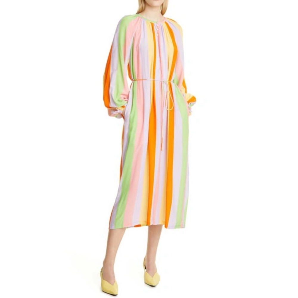 Stine Goya Elia Rainbow Stripe Midi Dress Size Large Colorful Missing Waist‎ Tie